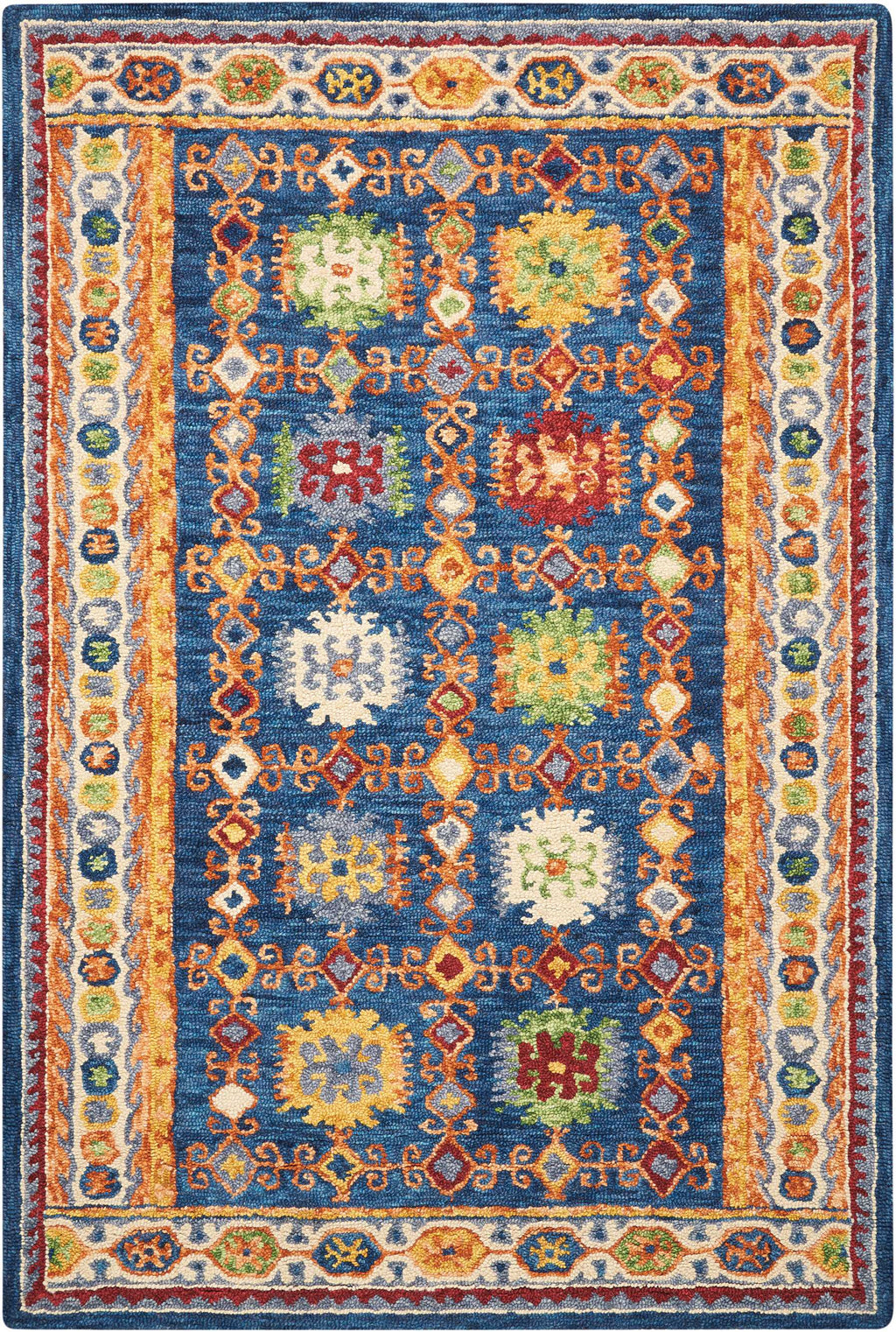 5' X 8' Navy Blue Orange And Green Wool Floral Hand Tufted Distressed Area Rug