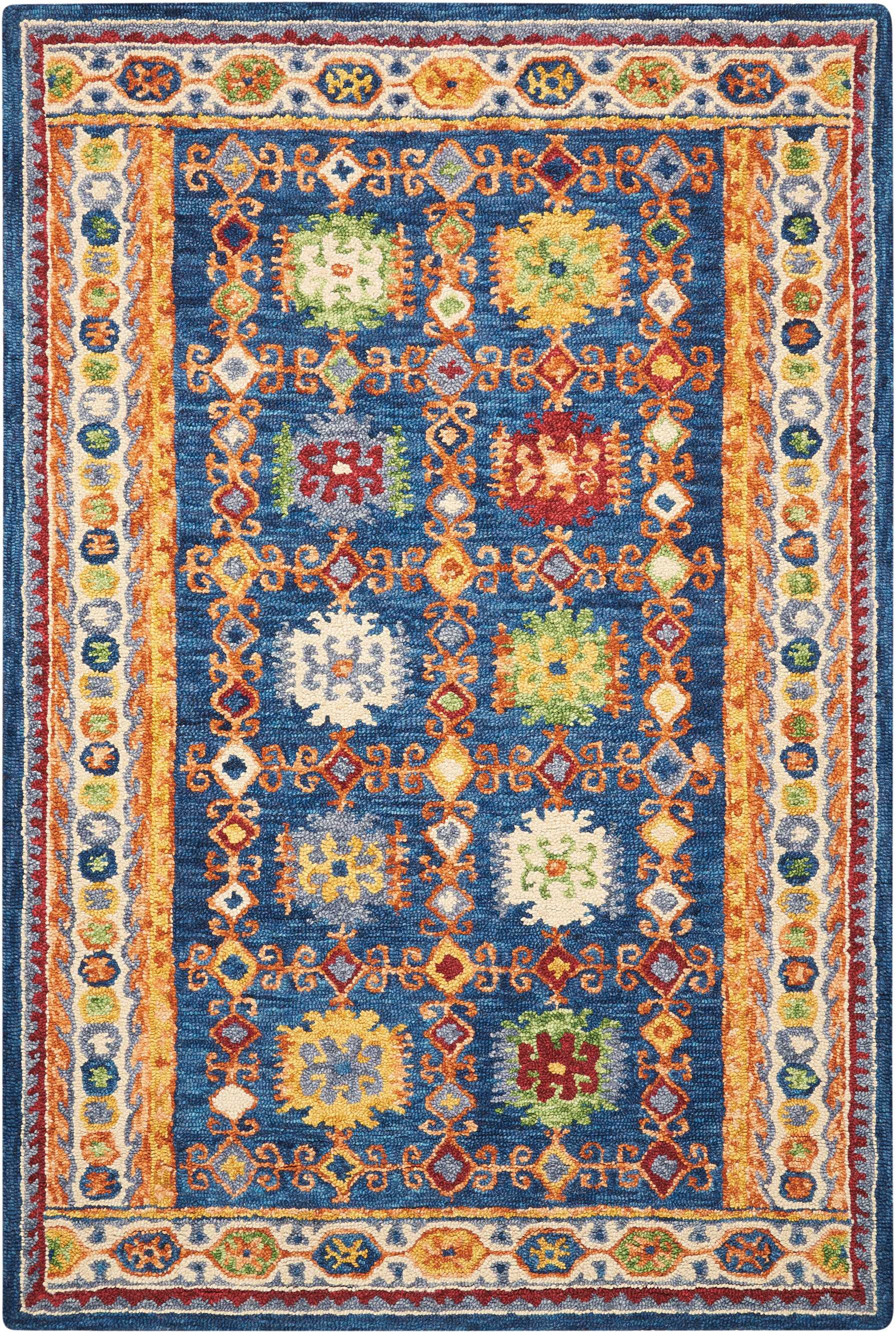 5' X 8' Navy Blue Orange And Green Wool Floral Hand Tufted Distressed Area Rug