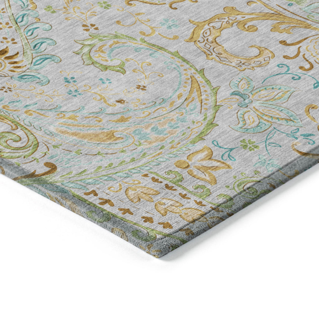 8' X 10' Gray and Gold Paisley Washable Non Skid Indoor Outdoor Area Rug