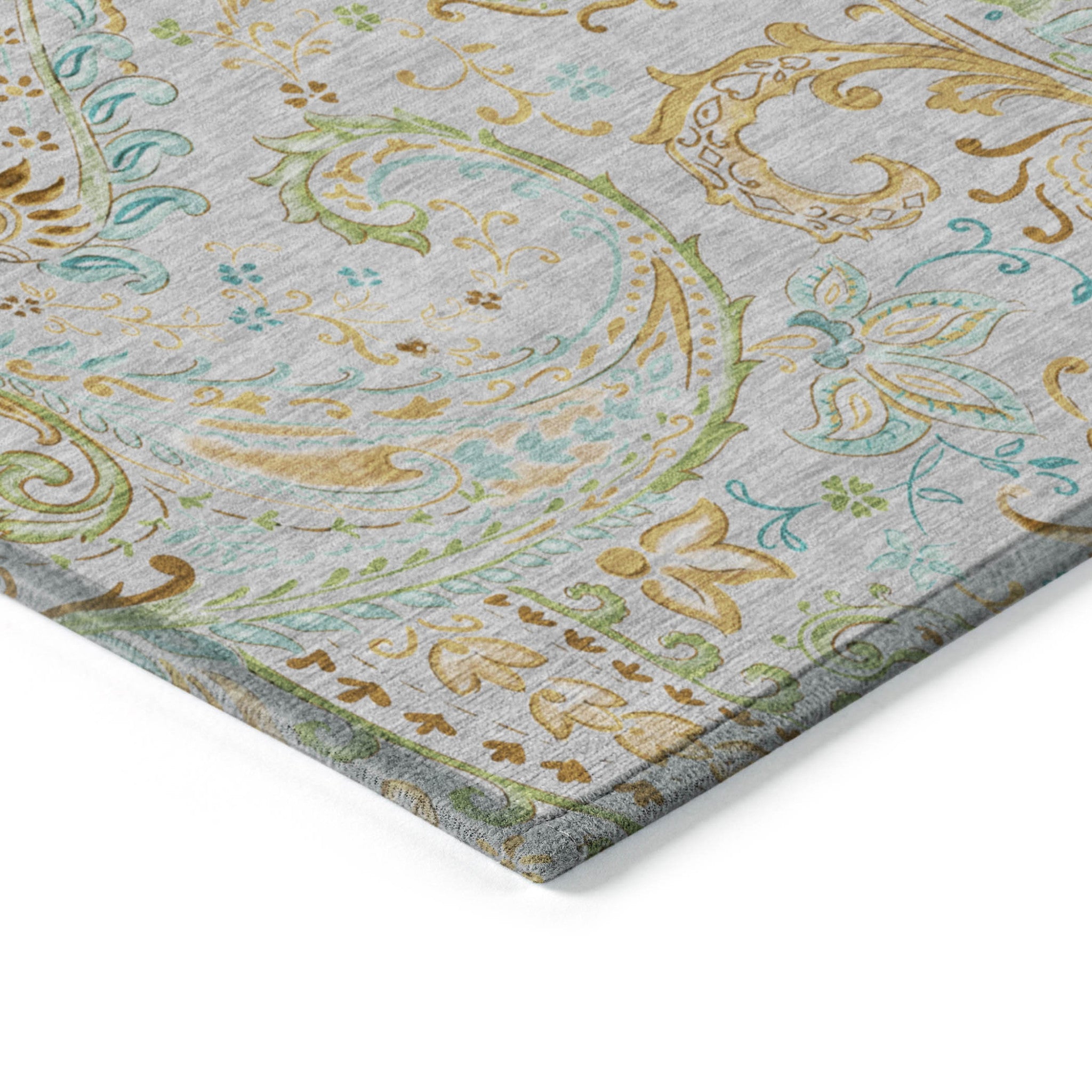 8' X 10' Gray and Gold Paisley Washable Non Skid Indoor Outdoor Area Rug