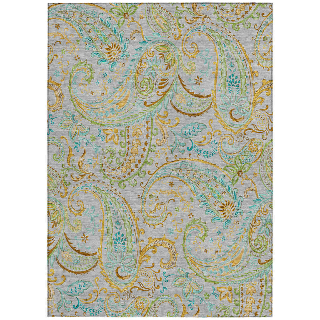 8' X 10' Gray and Gold Paisley Washable Non Skid Indoor Outdoor Area Rug
