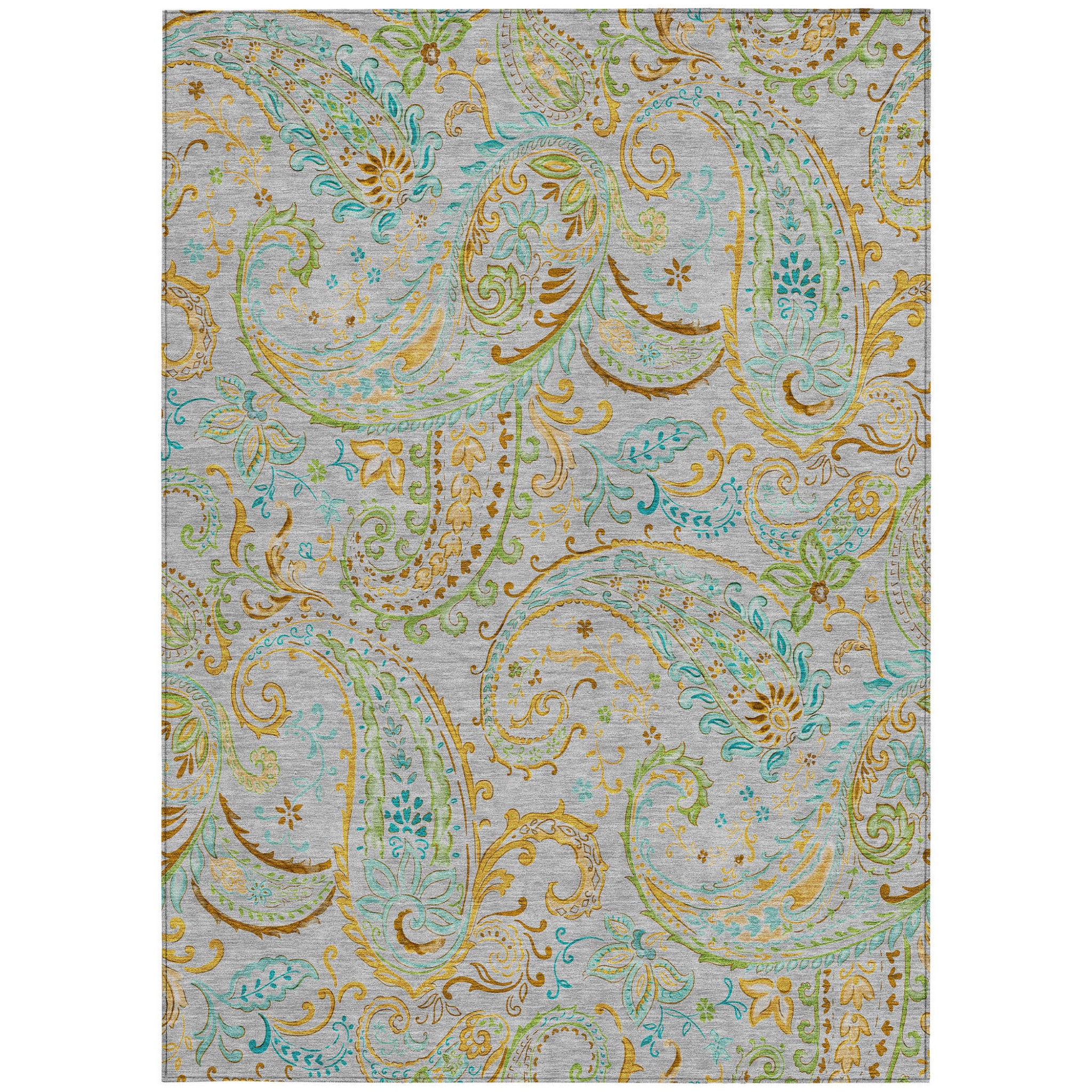 8' X 10' Gray and Gold Paisley Washable Non Skid Indoor Outdoor Area Rug