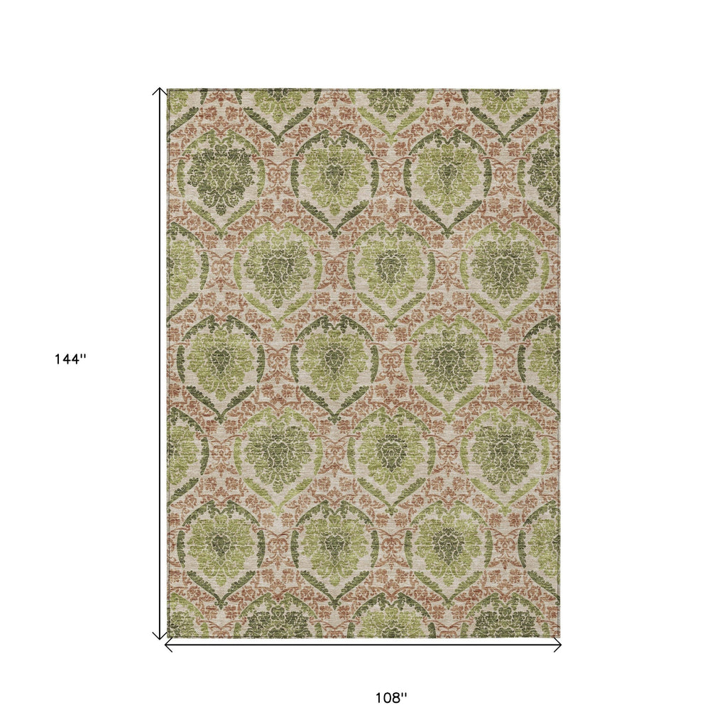 9' X 12' Olive Green And Fern Green Medallion Washable Indoor Outdoor Area Rug
