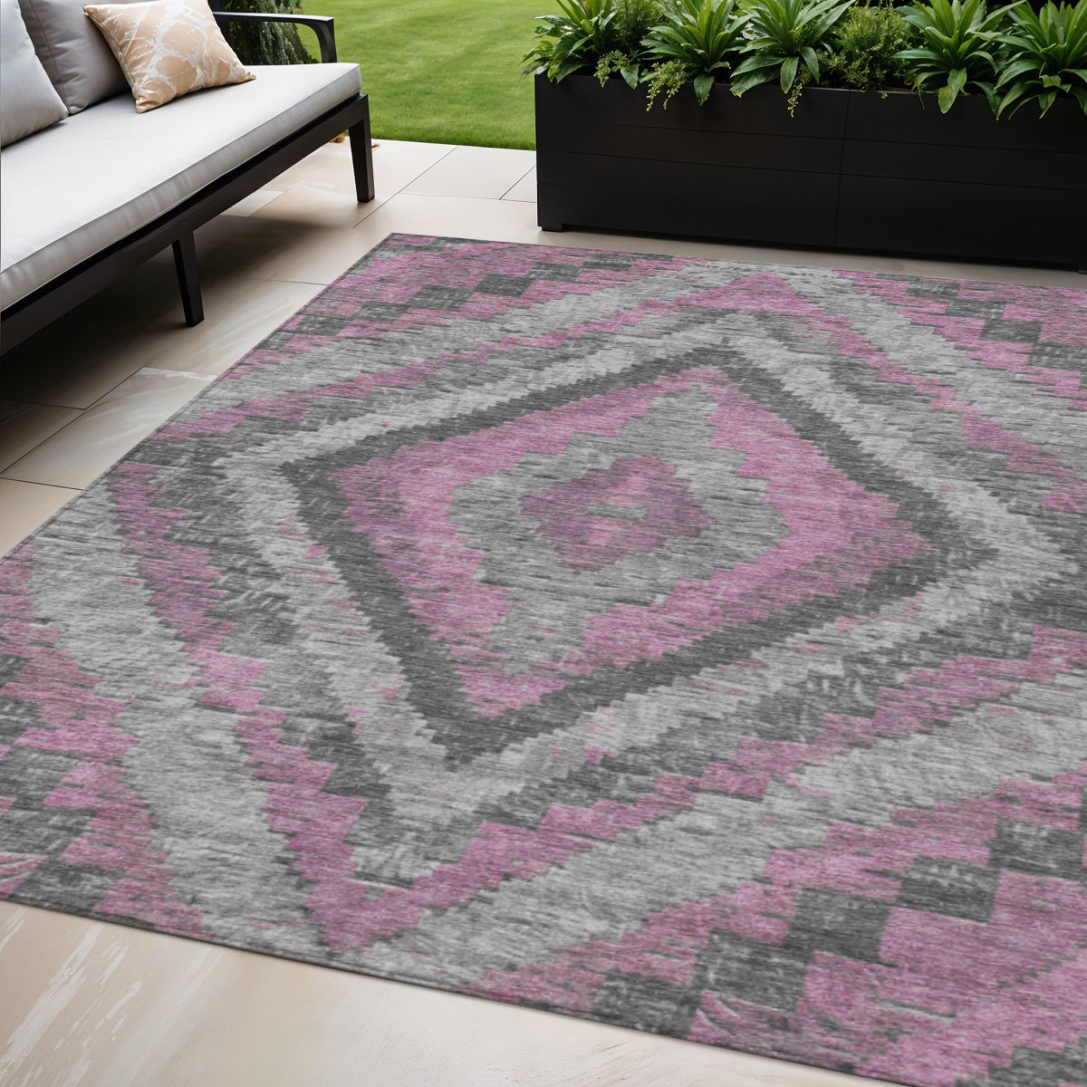 5' X 8' Blush And Gray Aztec Washable Indoor Outdoor Area Rug