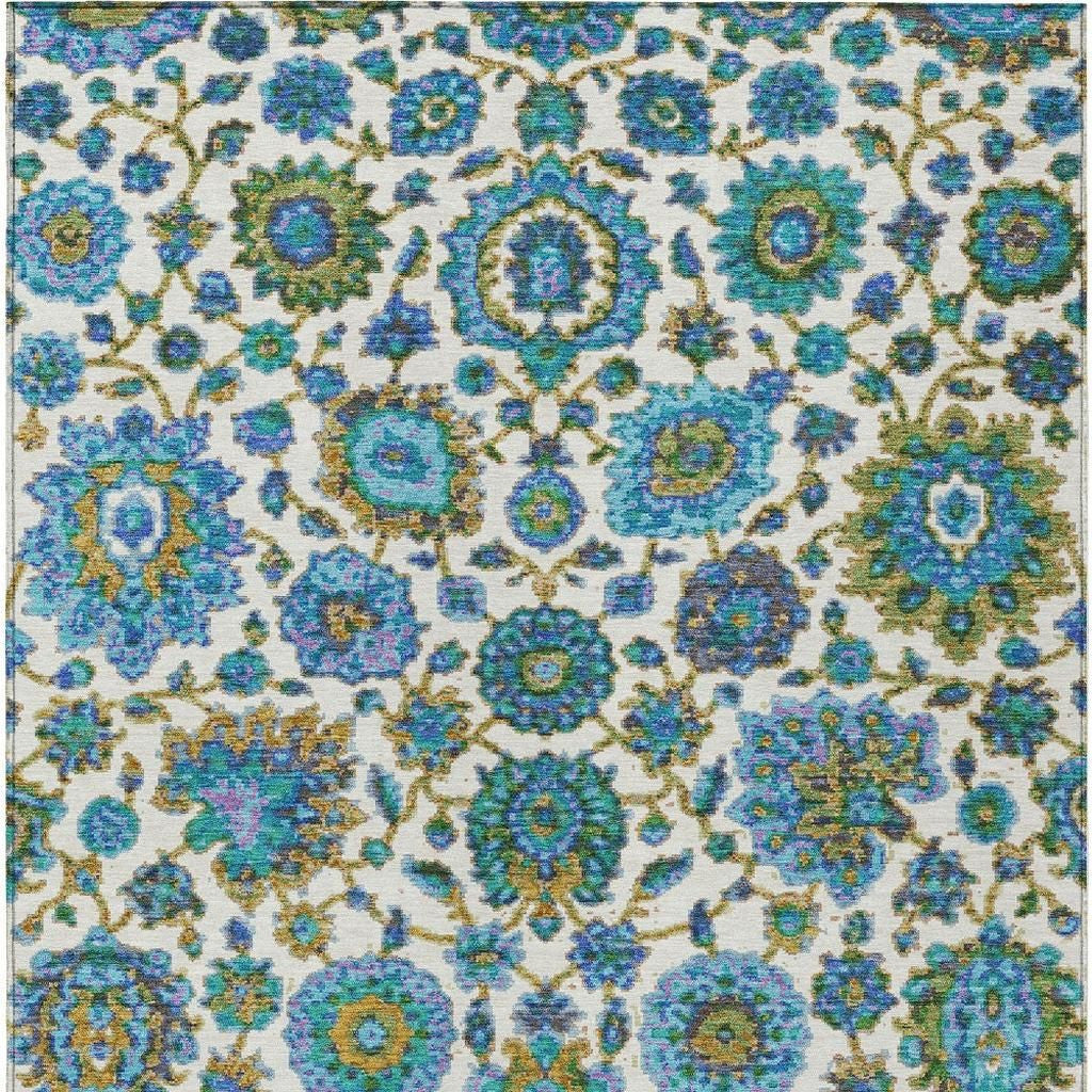5' X 8' Aqua And Ivory Floral Medallion Washable Indoor Outdoor Area Rug