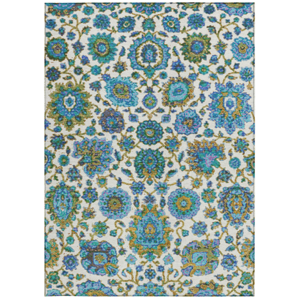 5' X 8' Aqua And Ivory Floral Medallion Washable Indoor Outdoor Area Rug