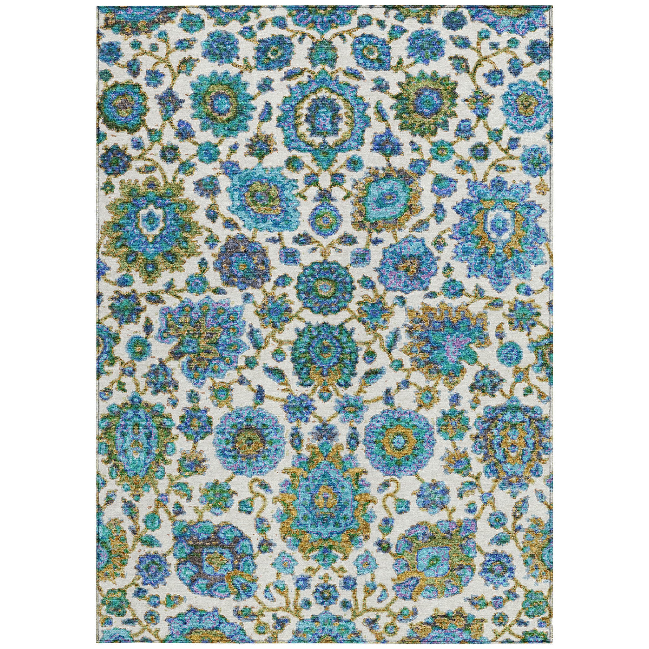 5' X 8' Aqua And Ivory Floral Medallion Washable Indoor Outdoor Area Rug