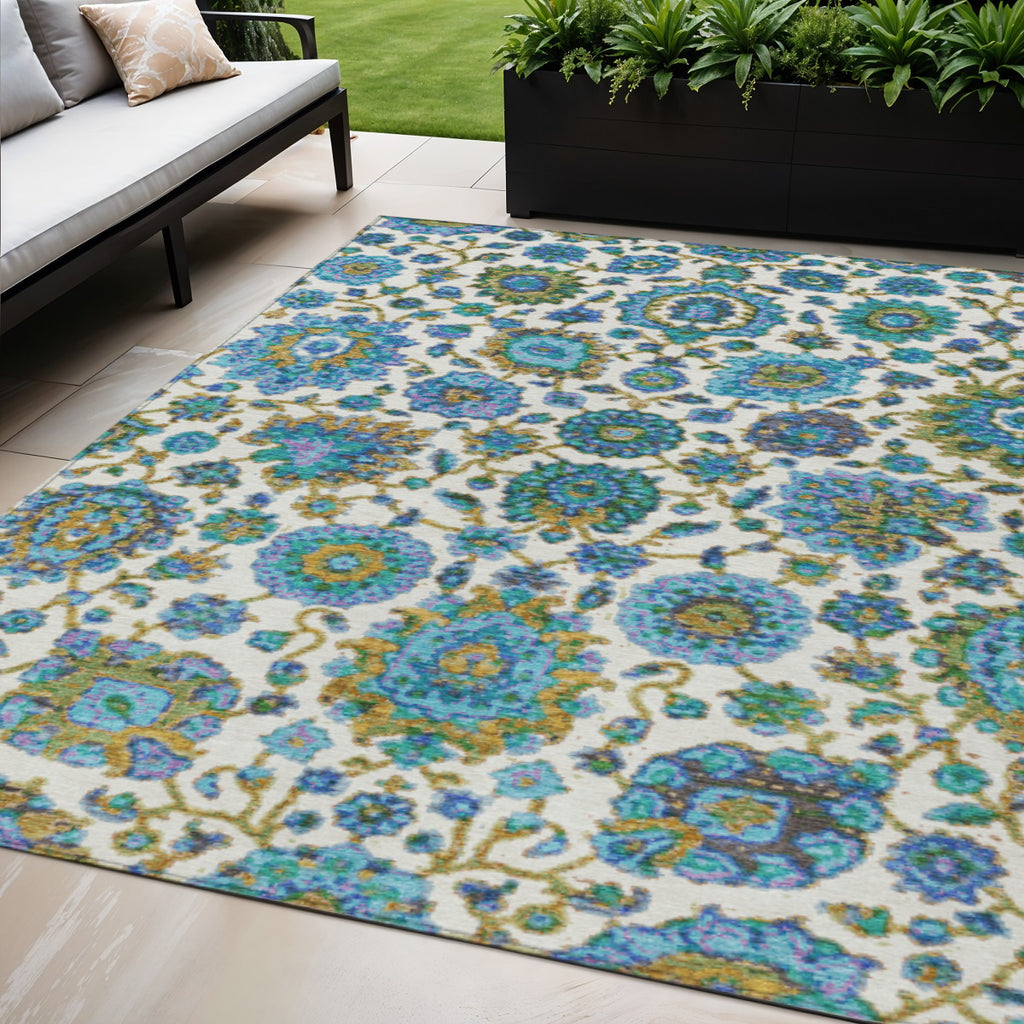 5' X 8' Aqua And Ivory Floral Medallion Washable Indoor Outdoor Area Rug
