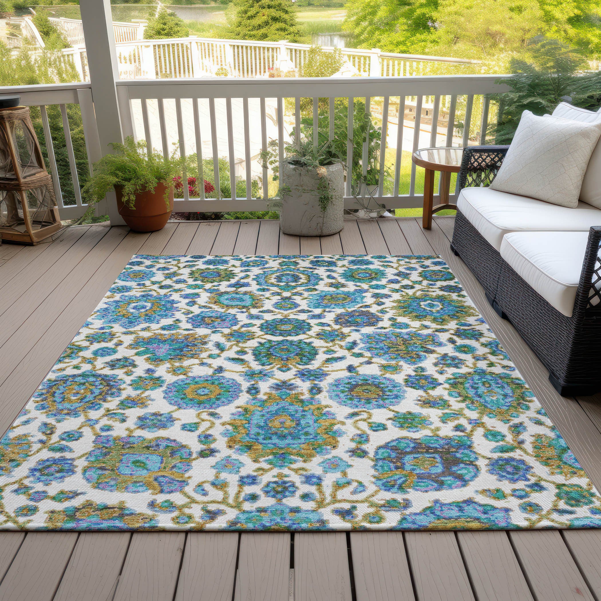 5' X 8' Aqua And Ivory Floral Medallion Washable Indoor Outdoor Area Rug