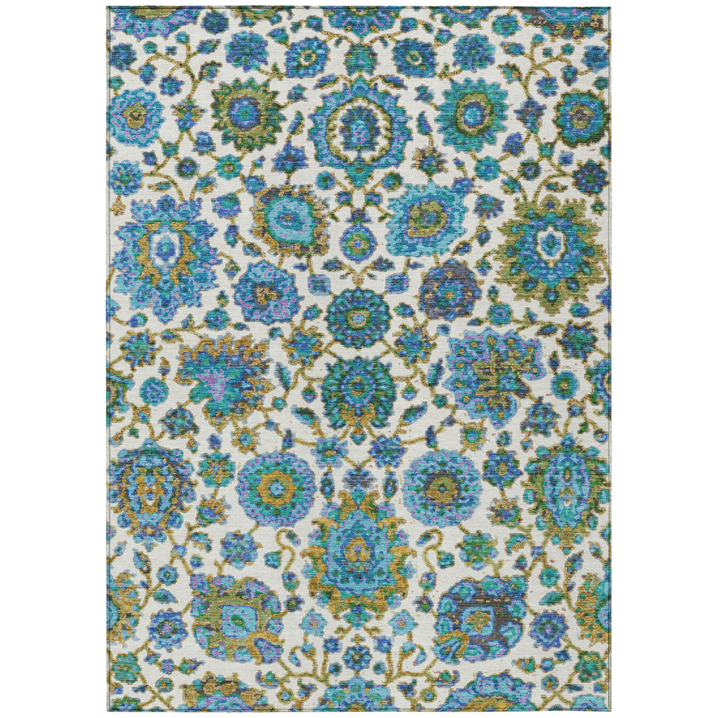 5' X 8' Aqua And Ivory Floral Medallion Washable Indoor Outdoor Area Rug