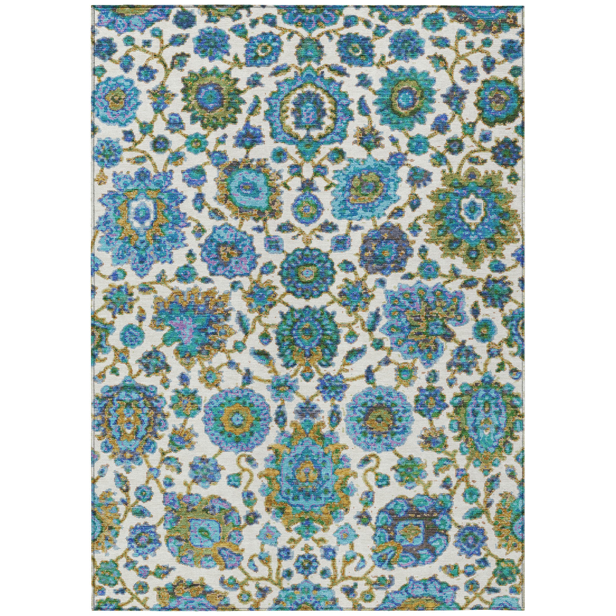5' X 8' Aqua And Ivory Floral Medallion Washable Indoor Outdoor Area Rug