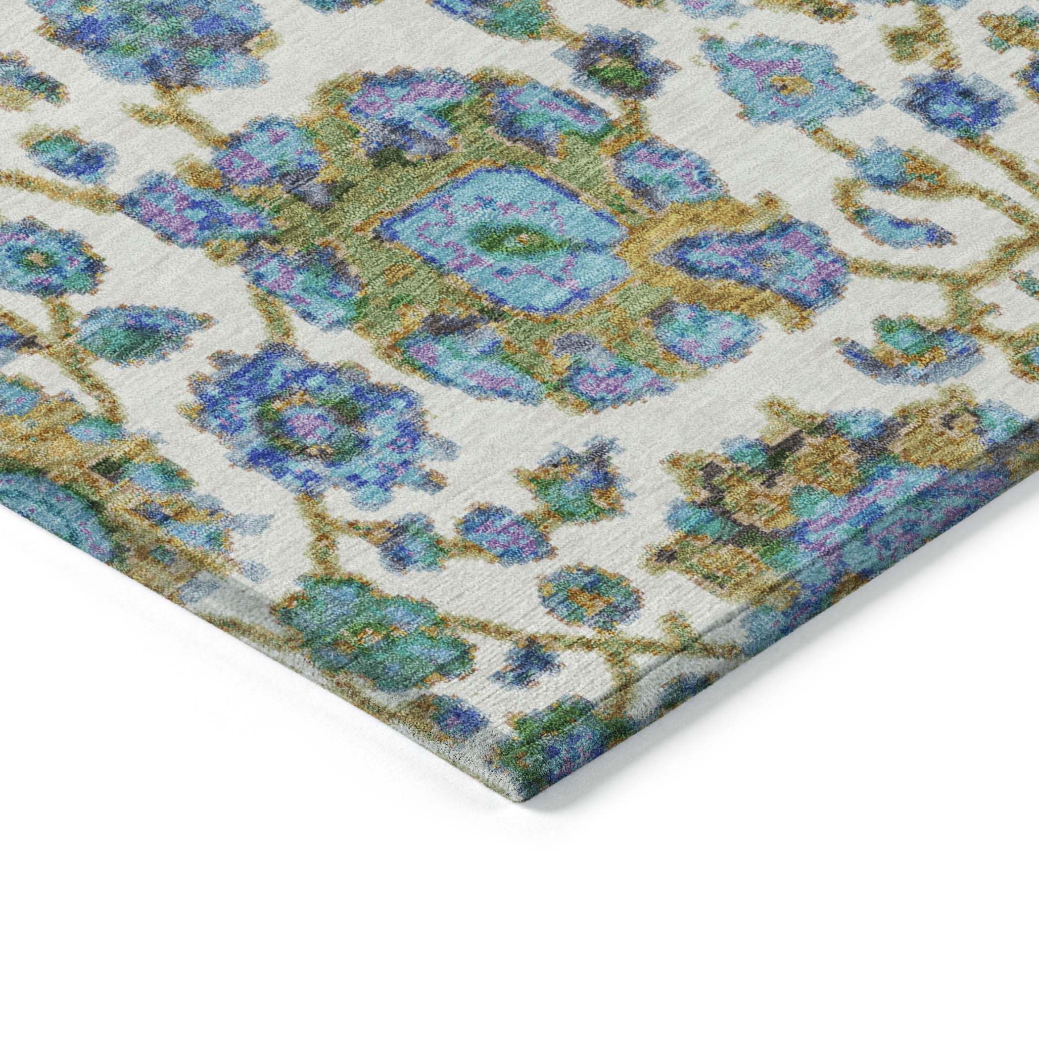 5' X 8' Aqua And Ivory Floral Medallion Washable Indoor Outdoor Area Rug