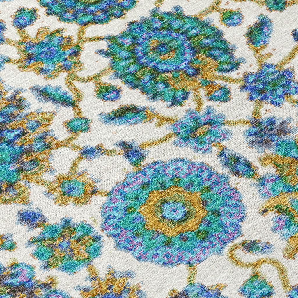 5' X 8' Aqua And Ivory Floral Medallion Washable Indoor Outdoor Area Rug