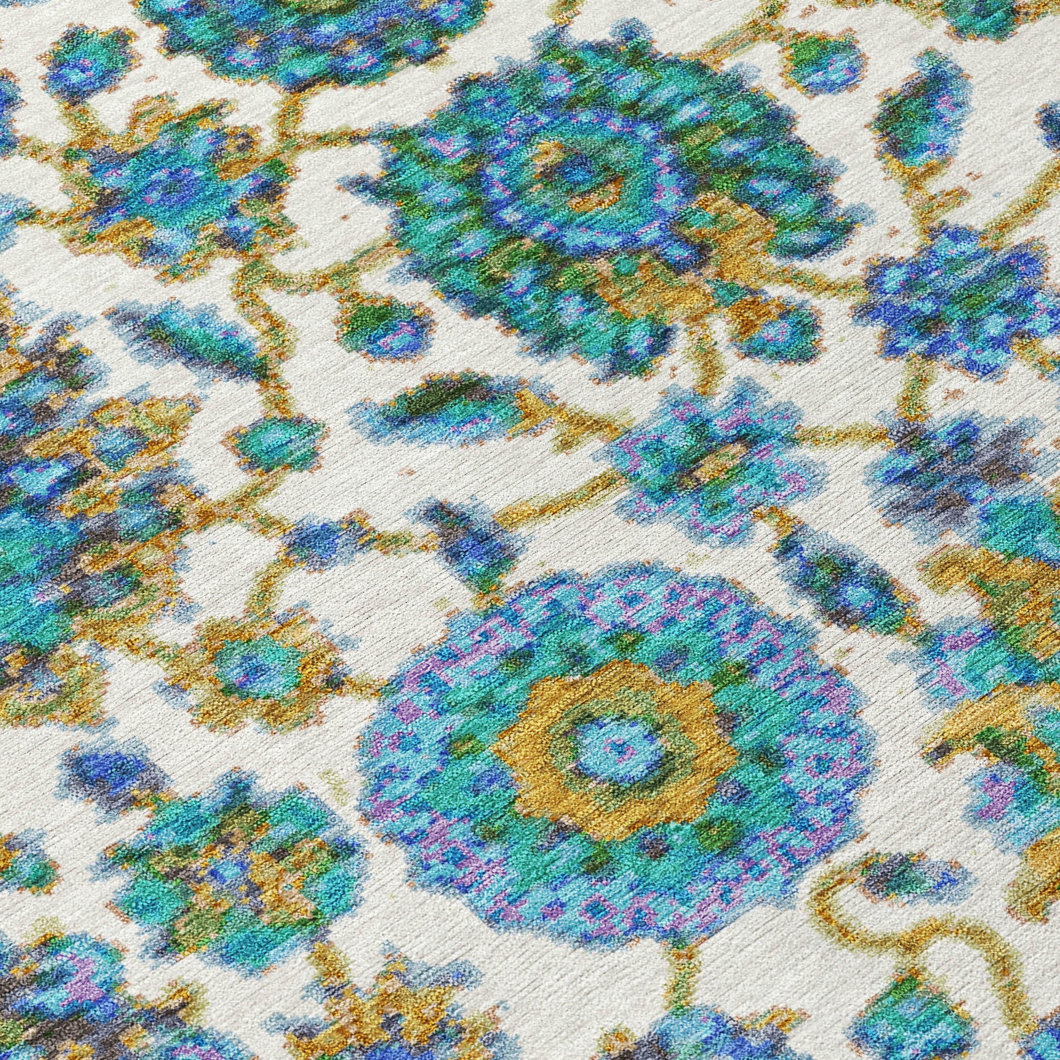 5' X 8' Aqua And Ivory Floral Medallion Washable Indoor Outdoor Area Rug