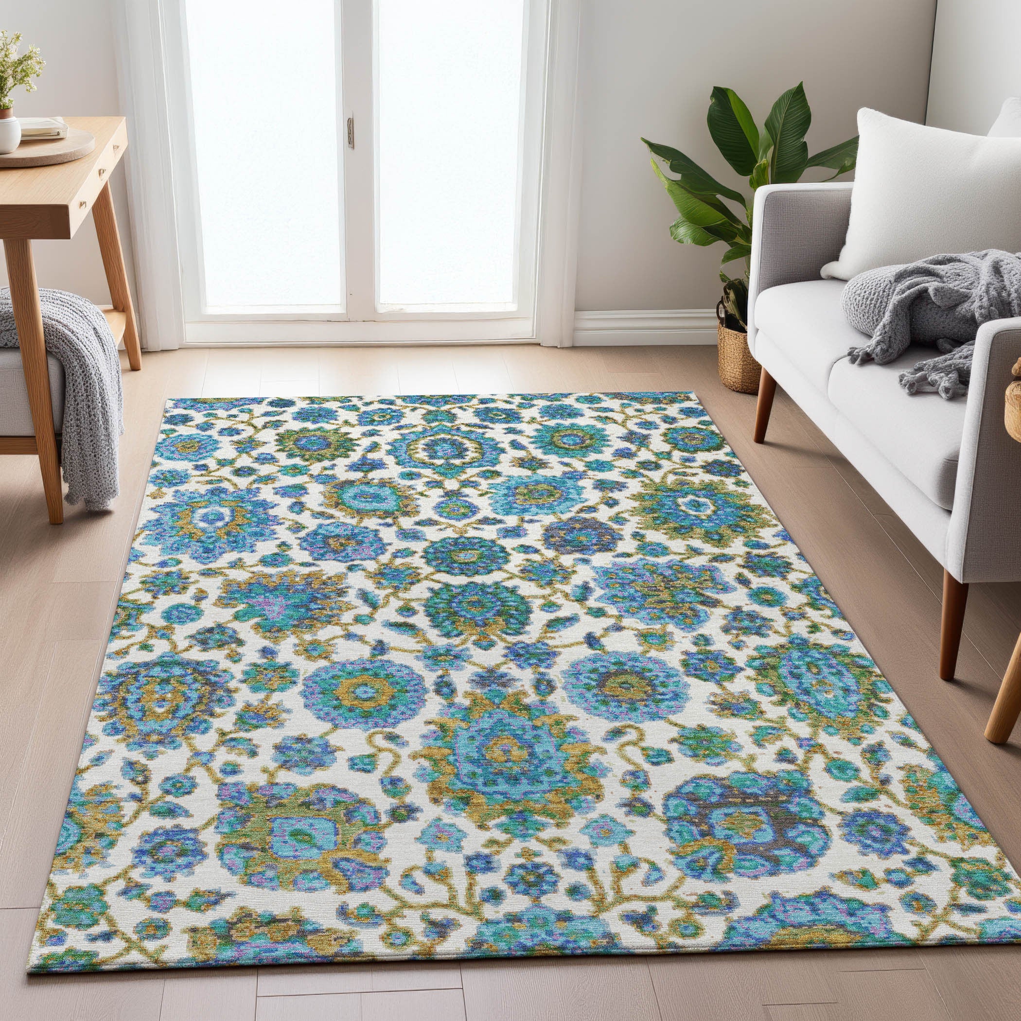 5' X 8' Aqua And Ivory Floral Medallion Washable Indoor Outdoor Area Rug