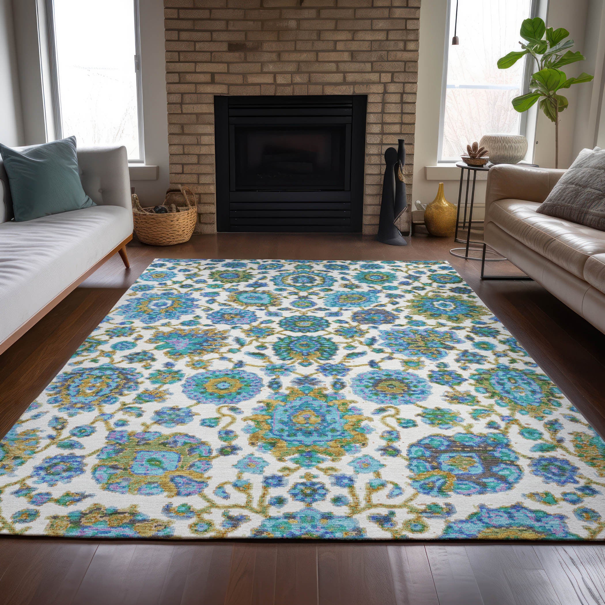 5' X 8' Aqua And Ivory Floral Medallion Washable Indoor Outdoor Area Rug