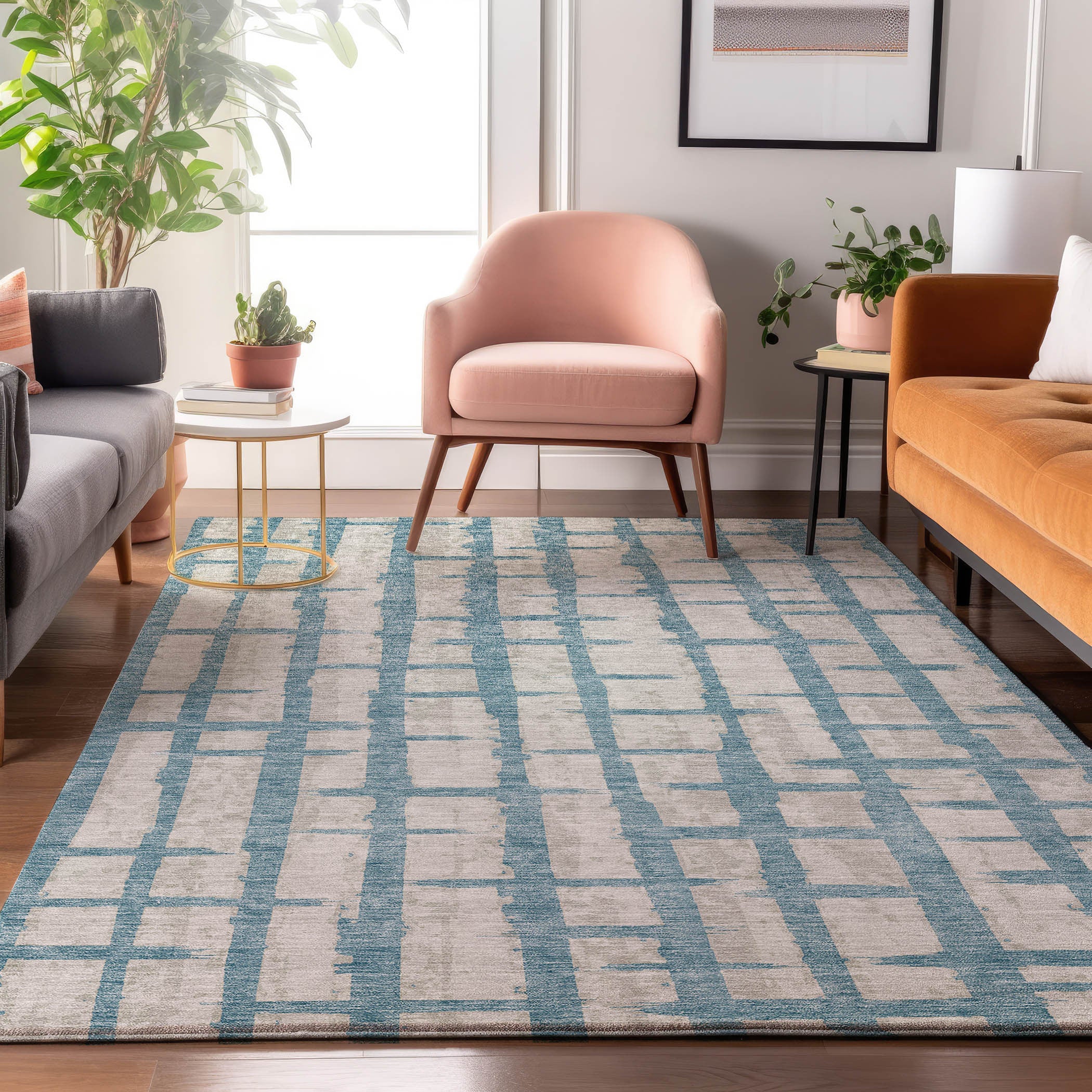 8' X 10' Sky Blue And Beige Striped Washable Area Rug With UV Protection