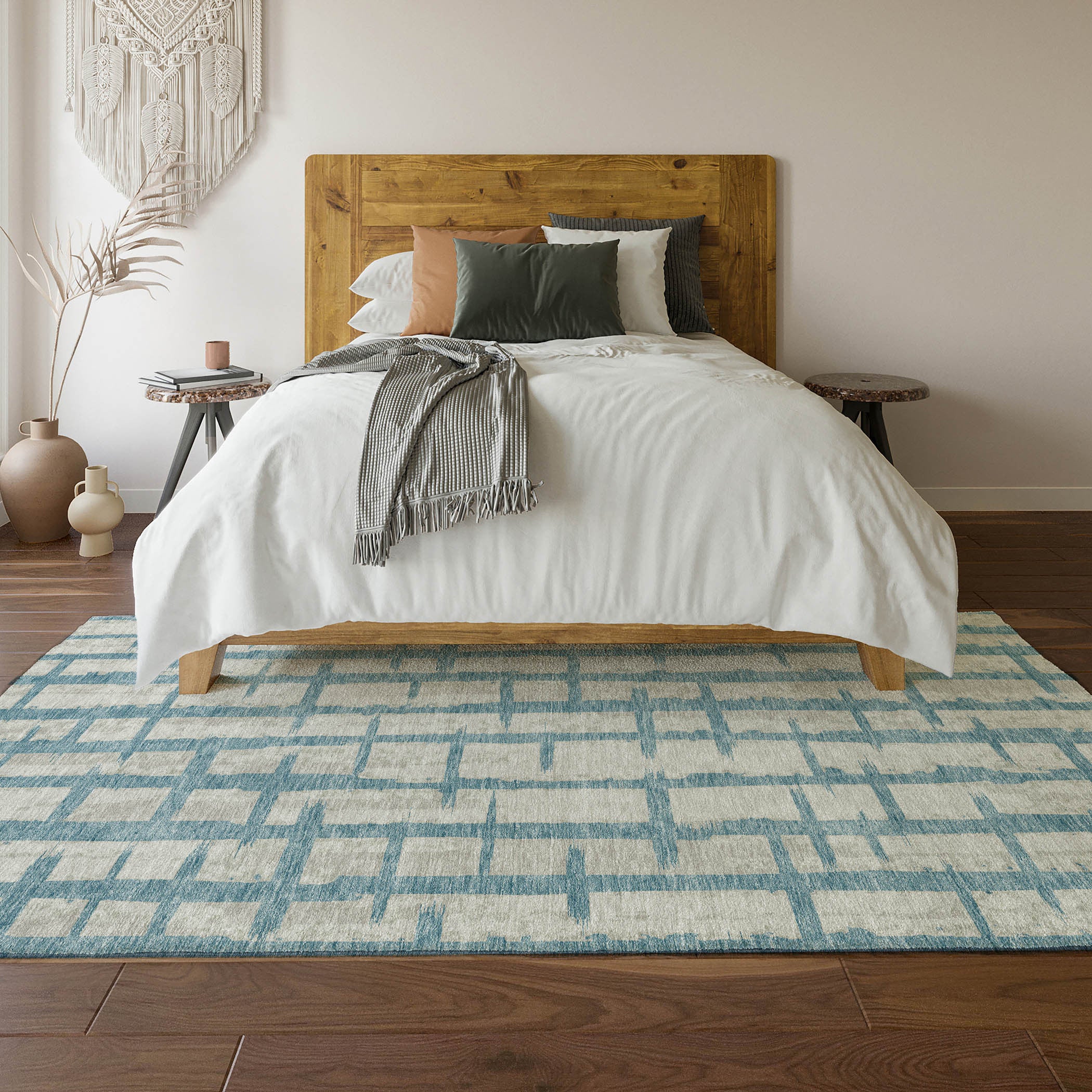 8' X 10' Sky Blue And Beige Striped Washable Area Rug With UV Protection