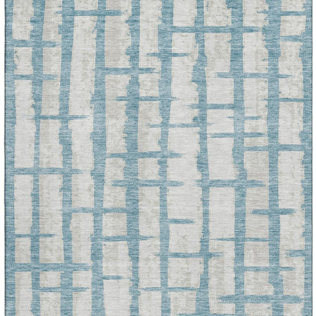 8' X 10' Sky Blue And Beige Striped Washable Area Rug With UV Protection