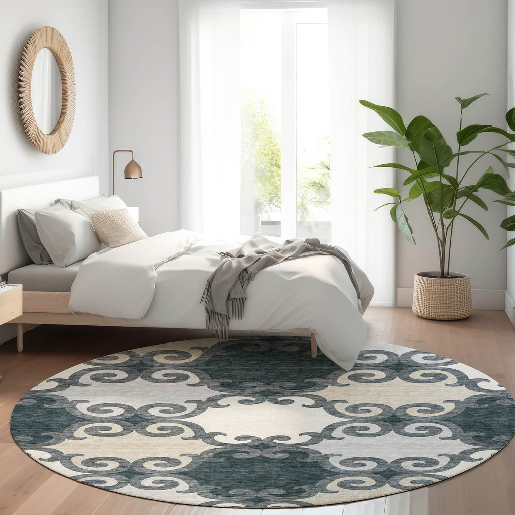 8' Gray Charcoal And Silver Trellis Washable Round Rug With UV Protection