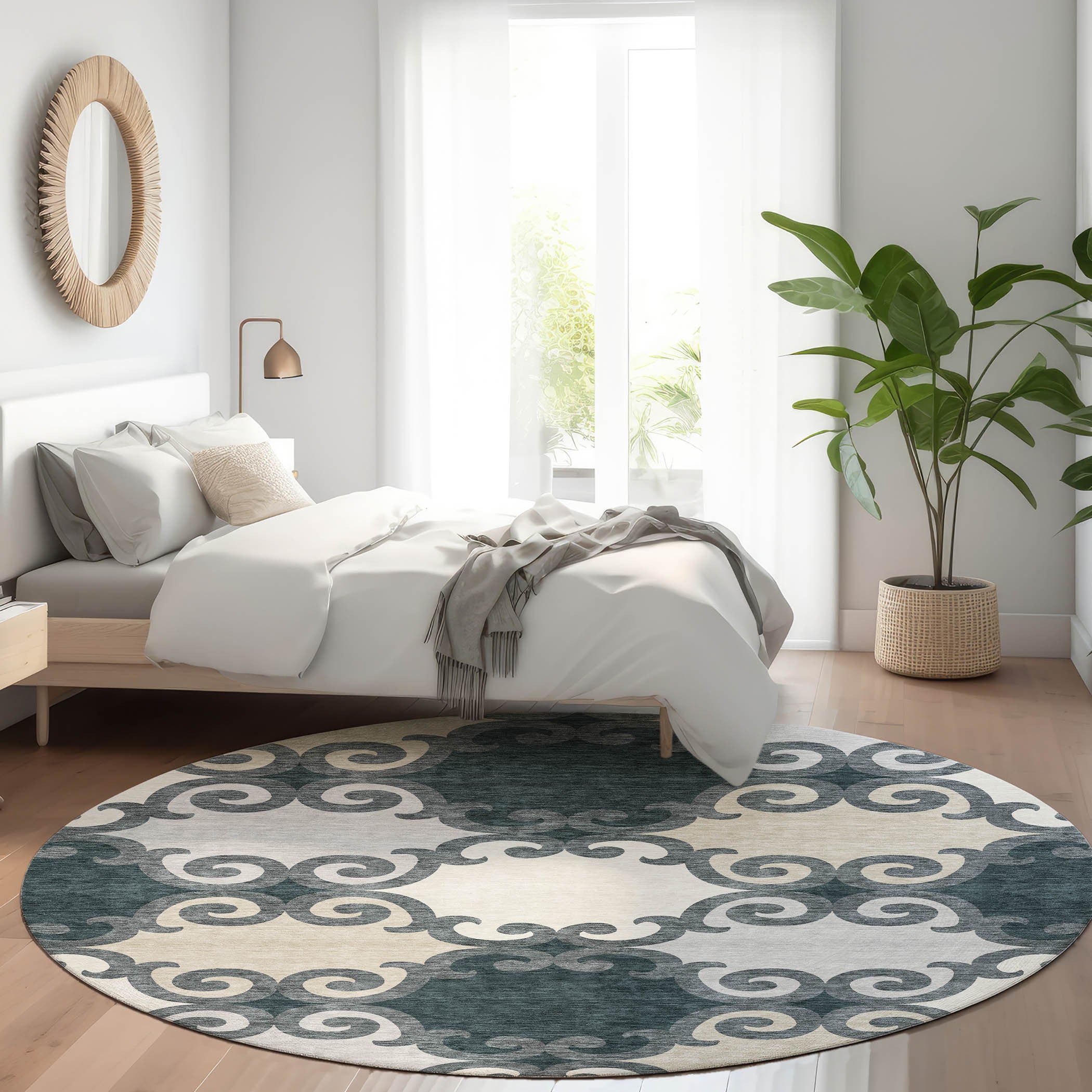 8' Gray Charcoal And Silver Trellis Washable Round Rug With UV Protection