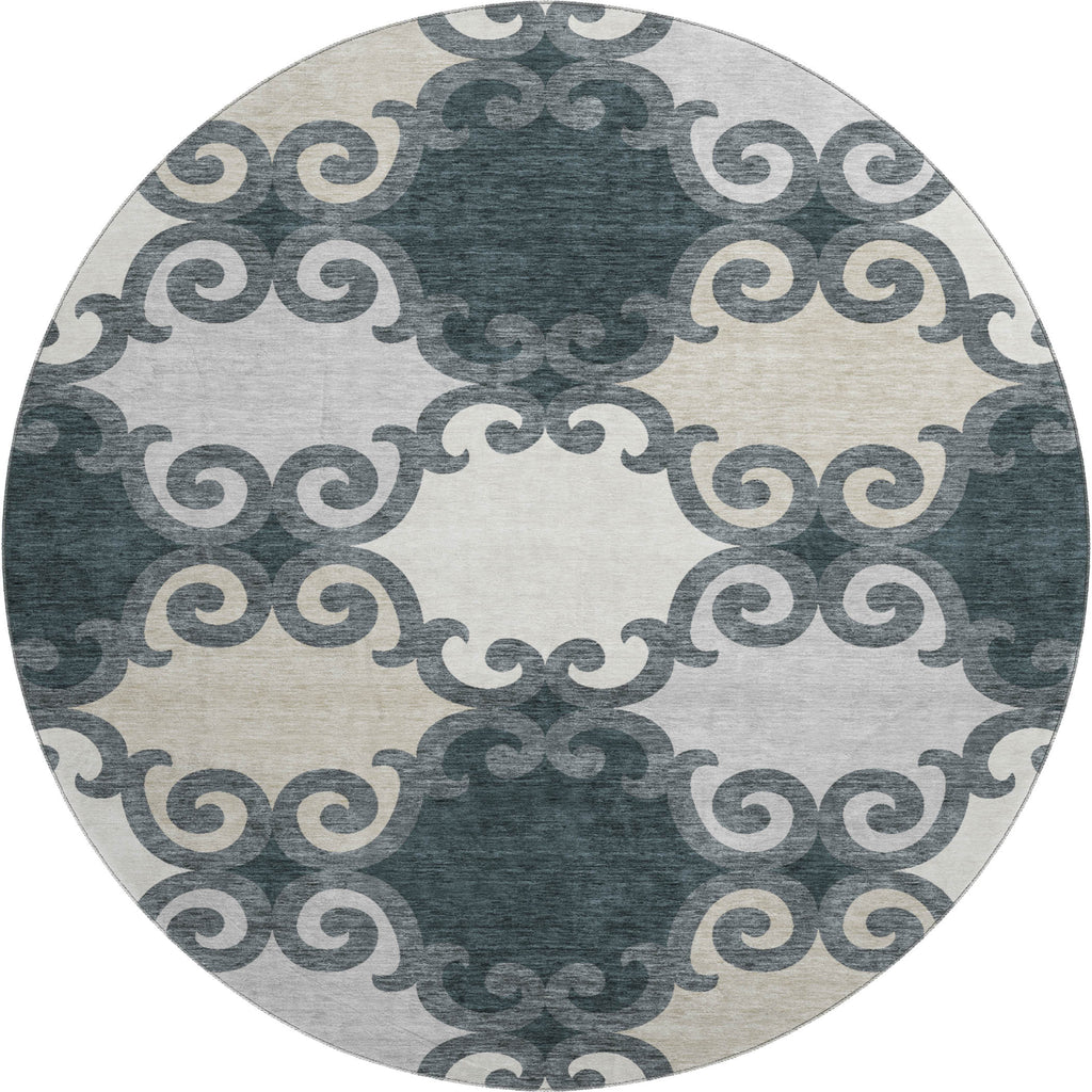 8' Gray Charcoal And Silver Trellis Washable Round Rug With UV Protection