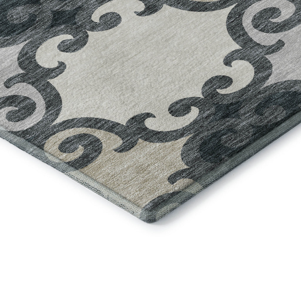 8' Gray Charcoal And Silver Trellis Washable Round Rug With UV Protection
