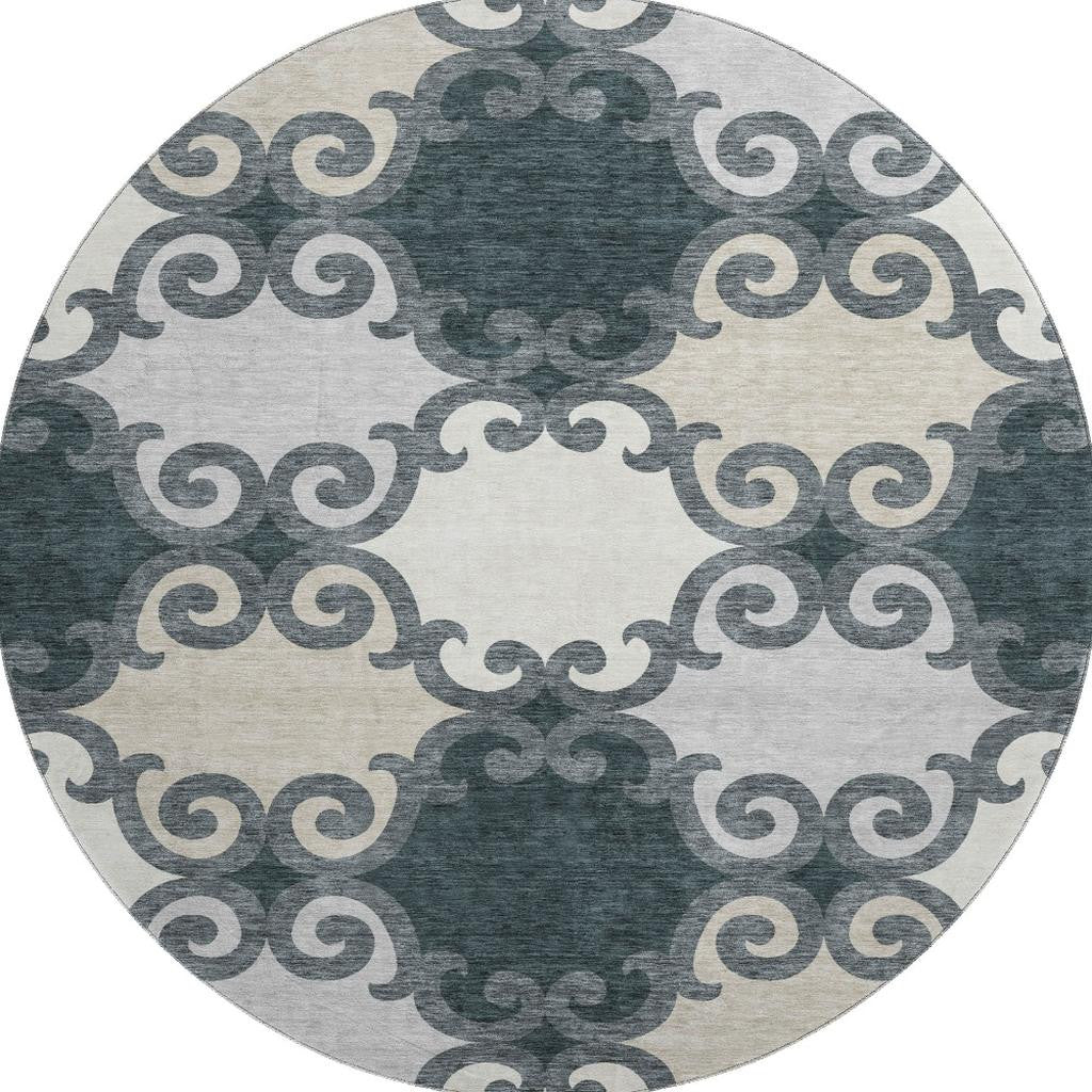 8' Gray Charcoal And Silver Trellis Washable Round Rug With UV Protection