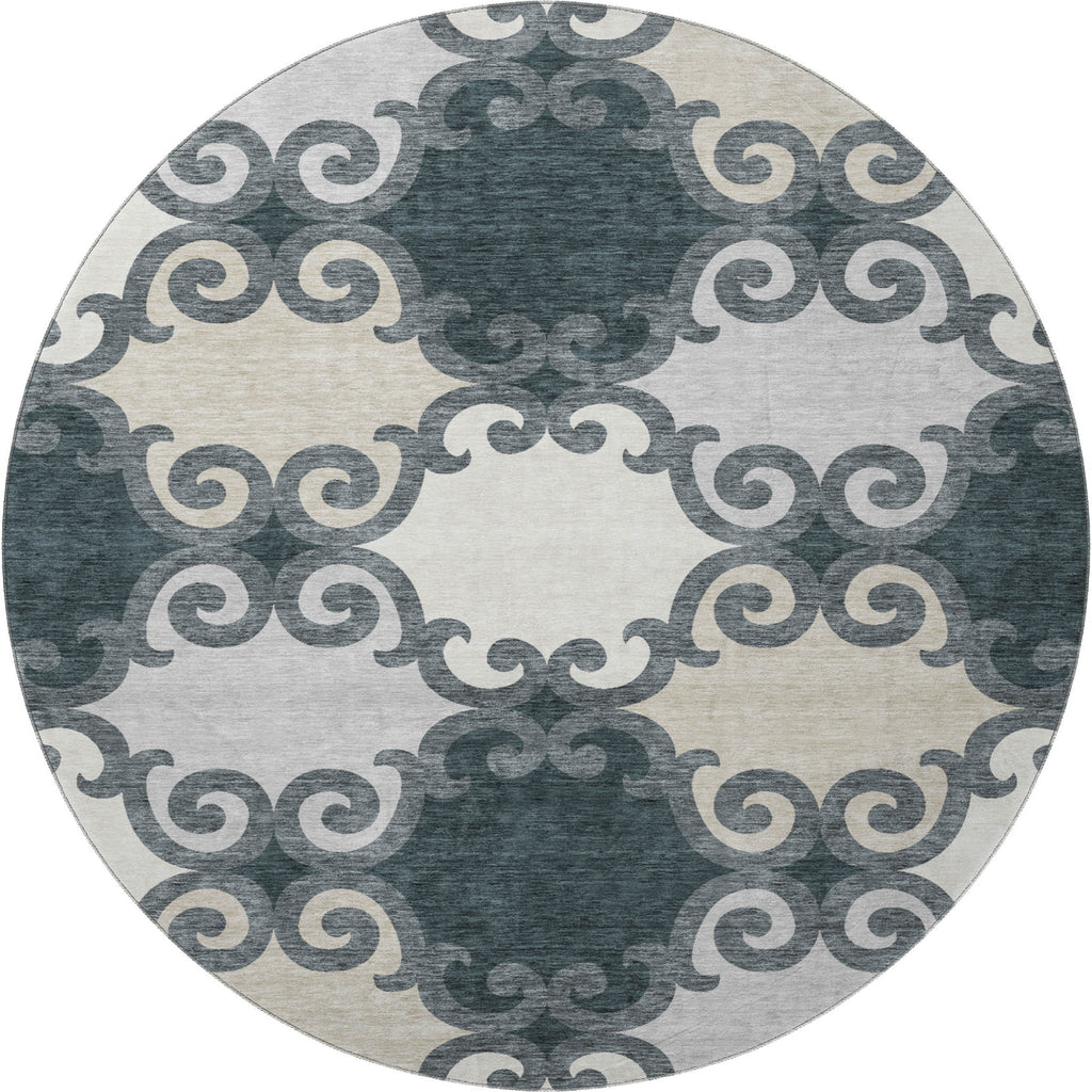 8' Gray Charcoal And Silver Trellis Washable Round Rug With UV Protection