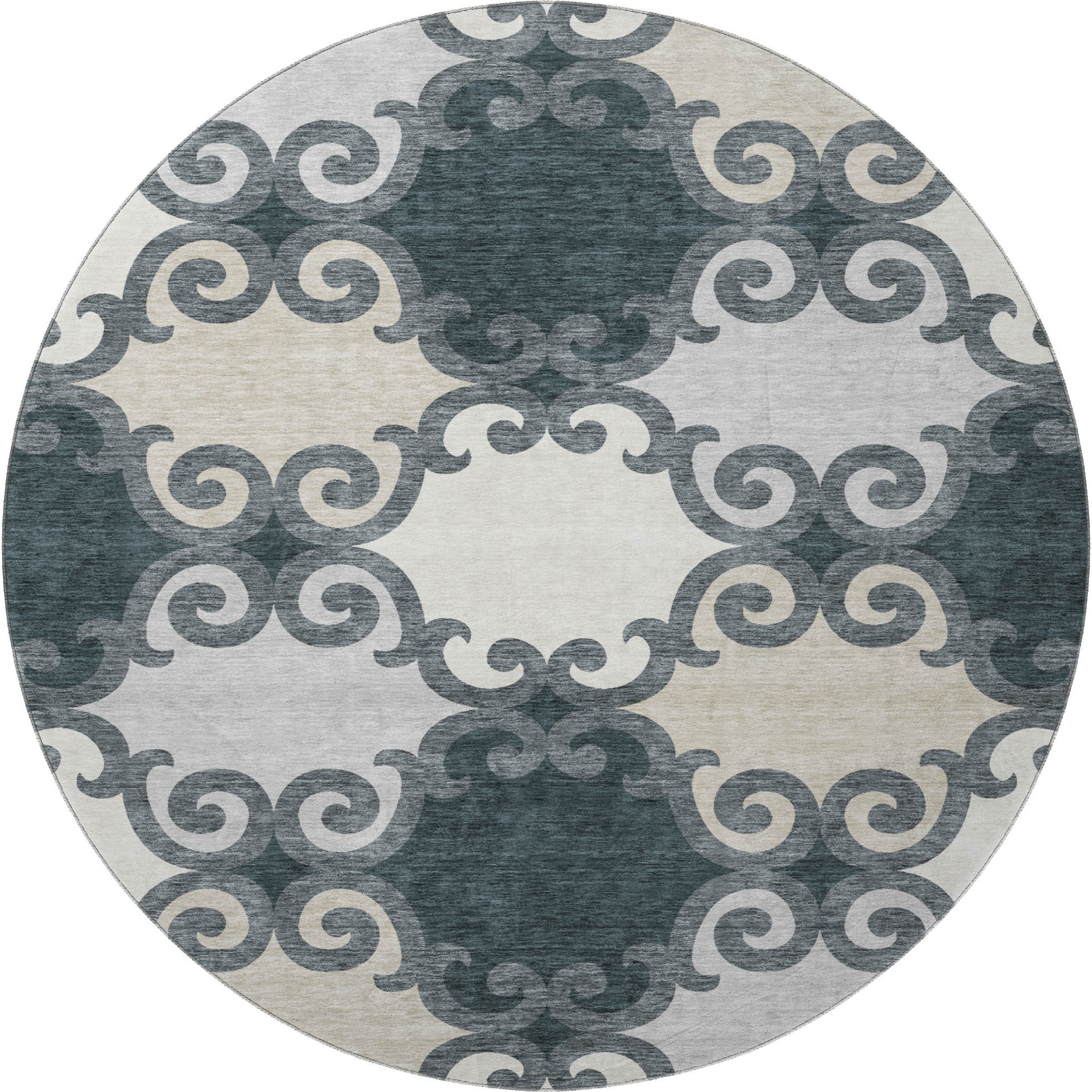 8' Gray Charcoal And Silver Trellis Washable Round Rug With UV Protection