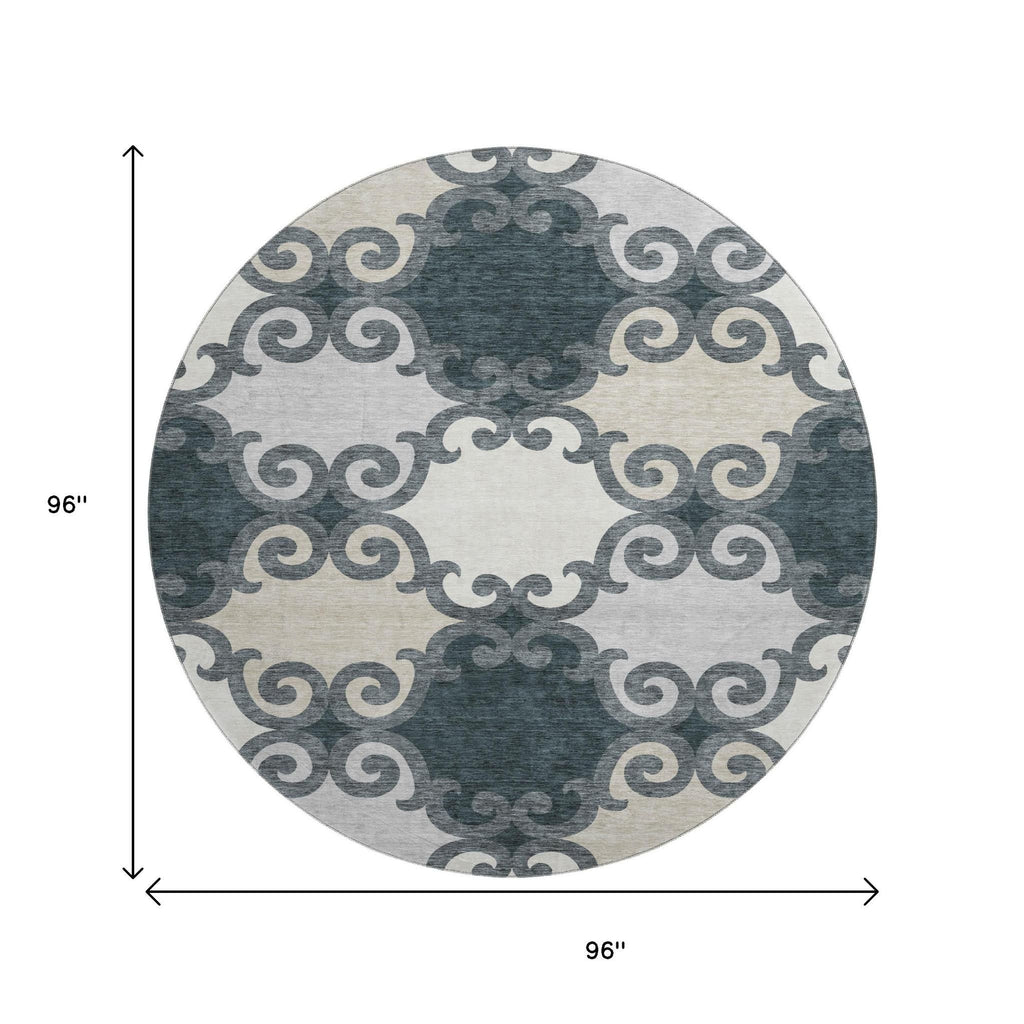 8' Gray Charcoal And Silver Trellis Washable Round Rug With UV Protection