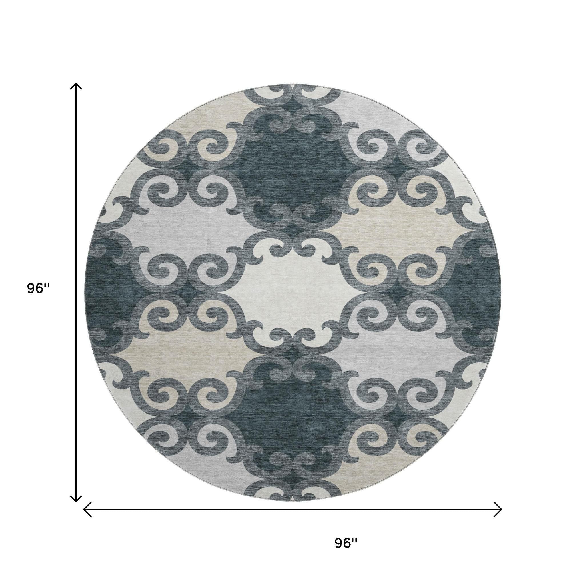 8' Gray Charcoal And Silver Trellis Washable Round Rug With UV Protection