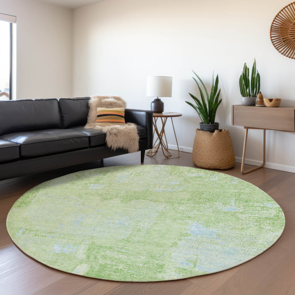 8' Green And Sky Blue Abstract Washable Round Rug With UV Protection