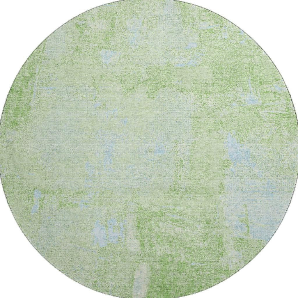 8' Green And Sky Blue Abstract Washable Round Rug With UV Protection