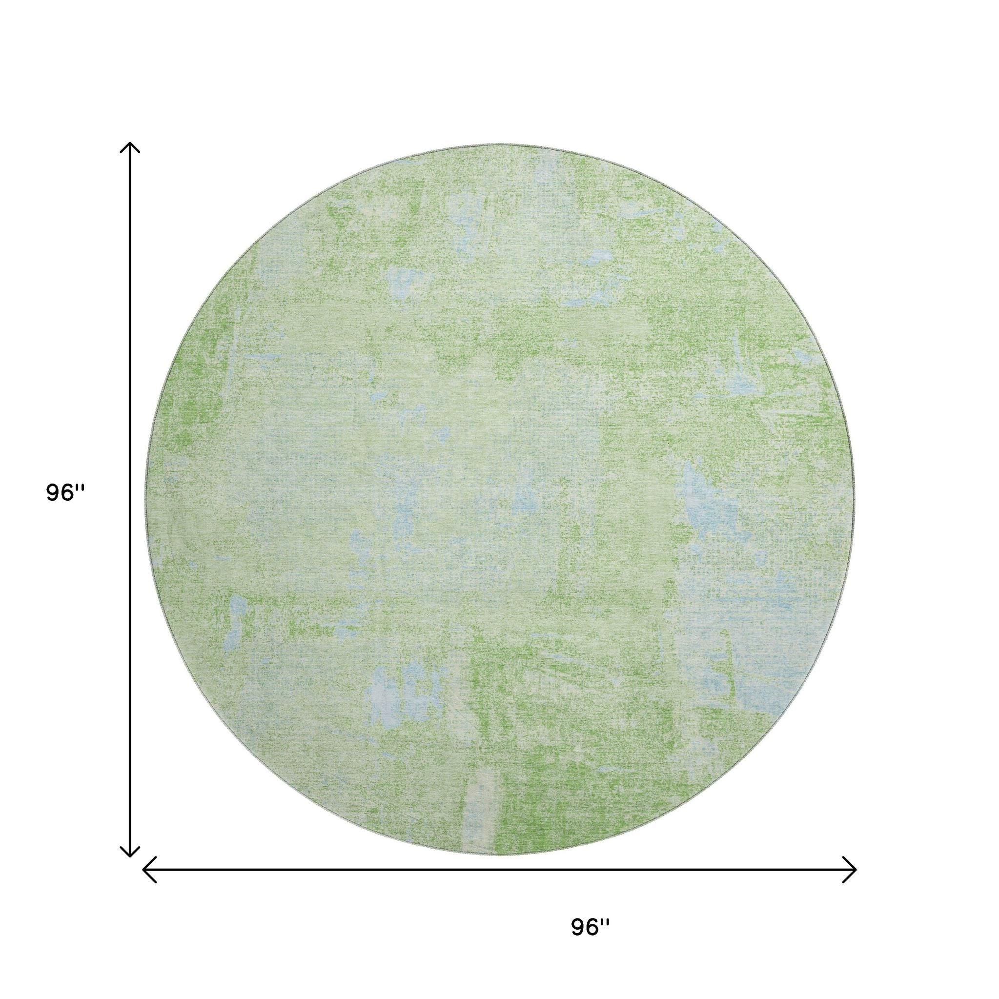 8' Green And Sky Blue Abstract Washable Round Rug With UV Protection